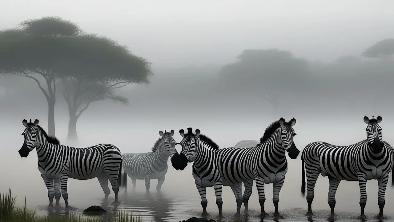 A group of zebras standing in a shallow body of water, with a foggy, misty landscape in the background featuring silhouetted trees or structures