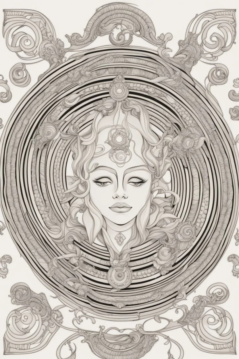 Mandala of Libra intertwined with Venus accents, illustrated in black and white with distinct, bold lines, suitable for an adult coloring book, contour, vector, clean line art, isolated on a white canvas