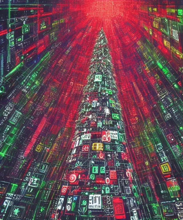 Painting of matrix code Christmas tree inside futuristic cyberpunk space ship