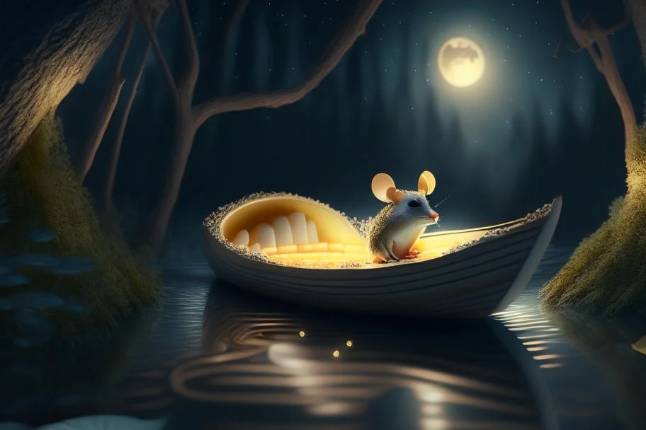 strong mouse in cheese boat, in moonlit forest by stream, book illustration, fine detail, 4k, trending, volumetric light, depth of field