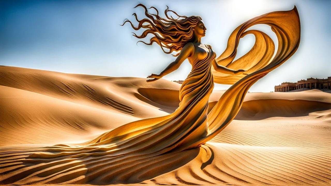 dancing statue of a wind-blown sand lady (made of sandstone):1.7; amazing reflections, circular swoosh, dynamic, cinematic, dramatic, cam in motion, swirl dynamics, deep low angle, summer heat, vivid sand and chartreuse colors, bright tone, sharp shadows, black outlines, immersed in motion