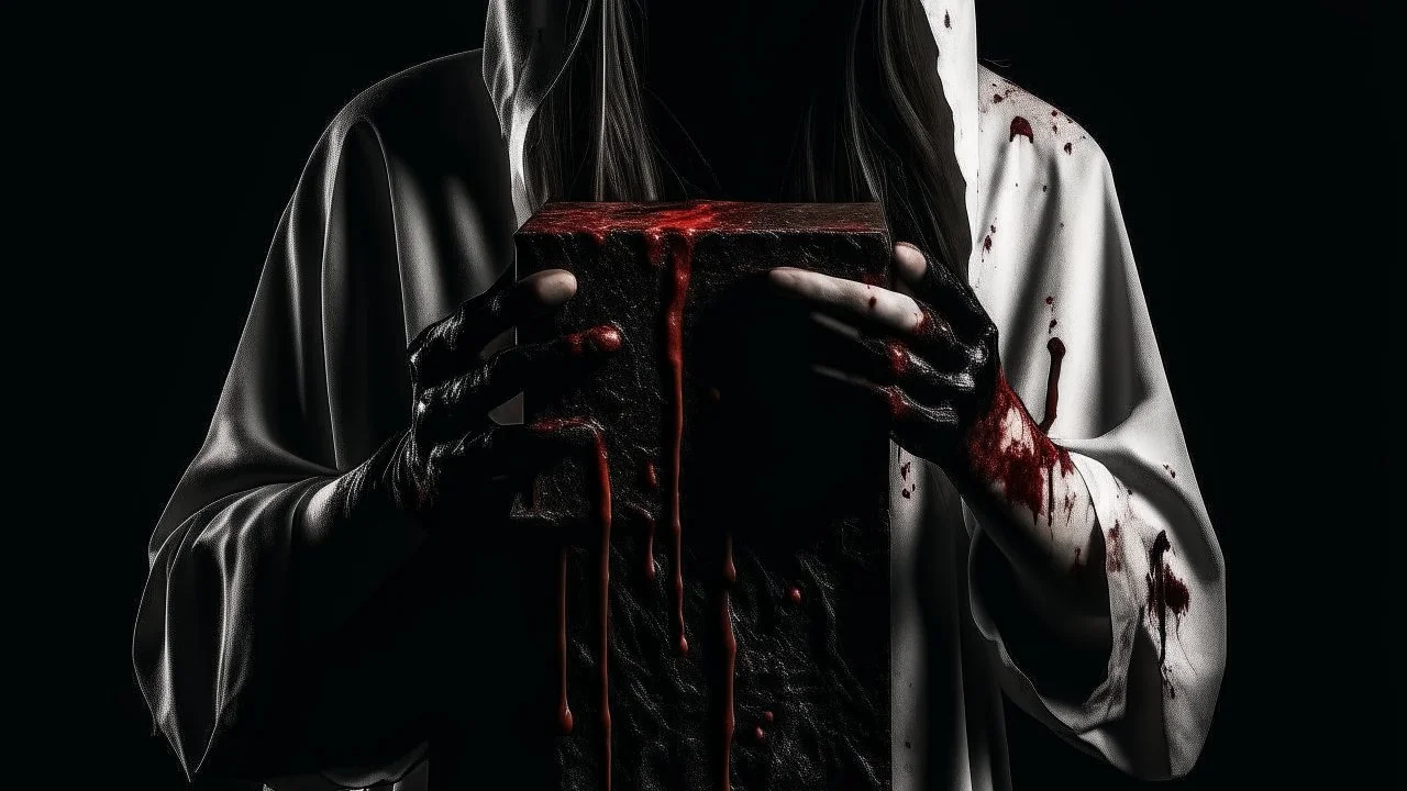 a faceless woman covered in blood holding up a black rectangular box