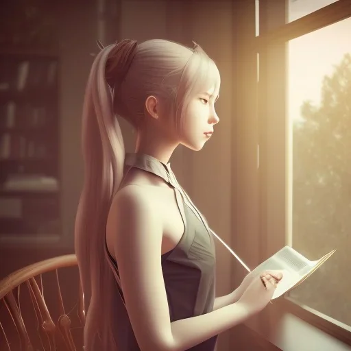 female student studying by the window, anime style,perfect face, cool face, ultra detail, unreal engine 5, cinema4d, sun light, studio lighting --ar 1:1 --v 4