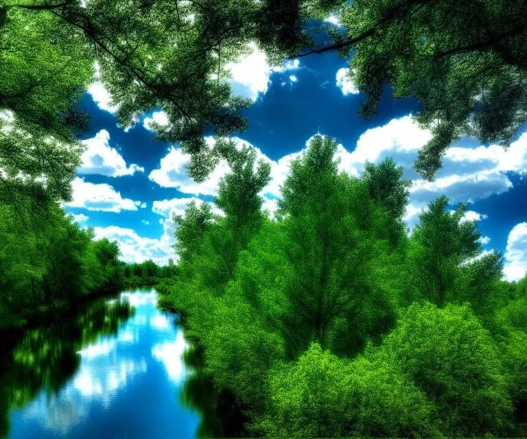 Trees, river, clouds