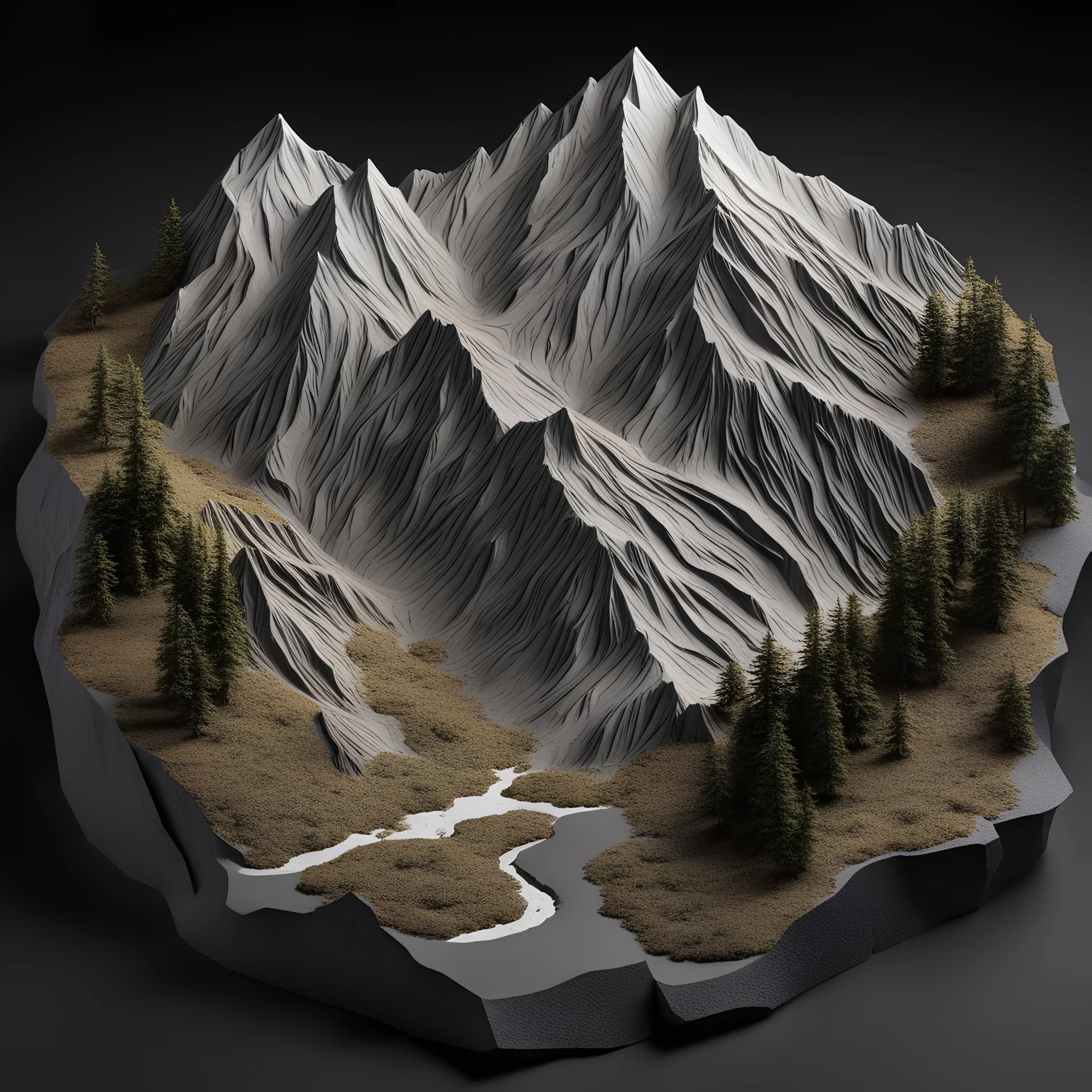 scenic mountain terrain model, cutout on black ground