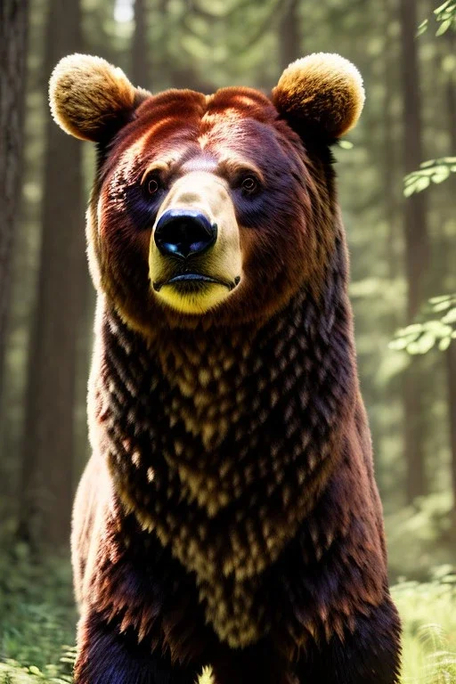 Human Male Druid character, bear ears, brown hair, long hair, wild hair, yellow eyes, scars on body, waist up portrait, 4k resolution, intricate details, ornate details, soft lighting, vibrant colors, retroanime, masterpiece, natural background, realistic