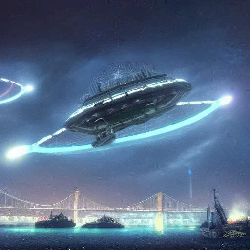 galaxian fantasy airships flying over San Francisco Bridge in a cloudy sky,Giant sci-fi super-panzer,bioluminescence, luminescent glow, moody, tender, photorealistic, octane render, in the style of John Berkey