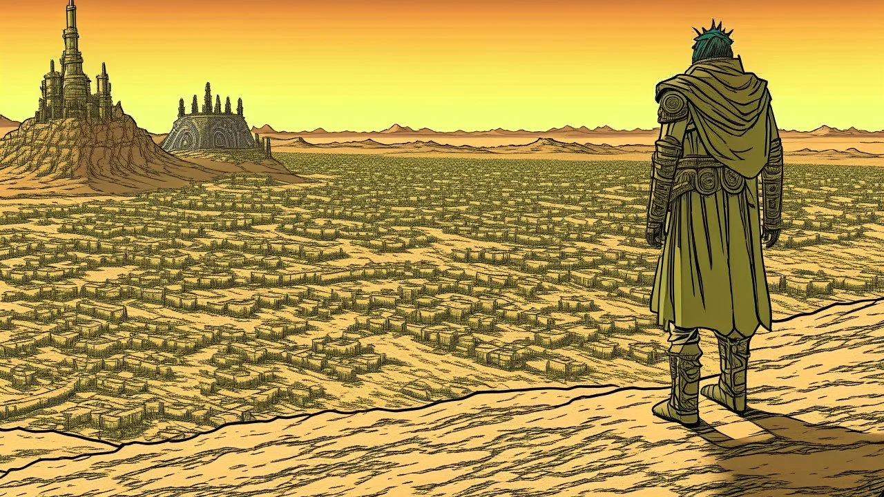 Desert warrior from behind looking at a city on a plateau in the distance, comic style