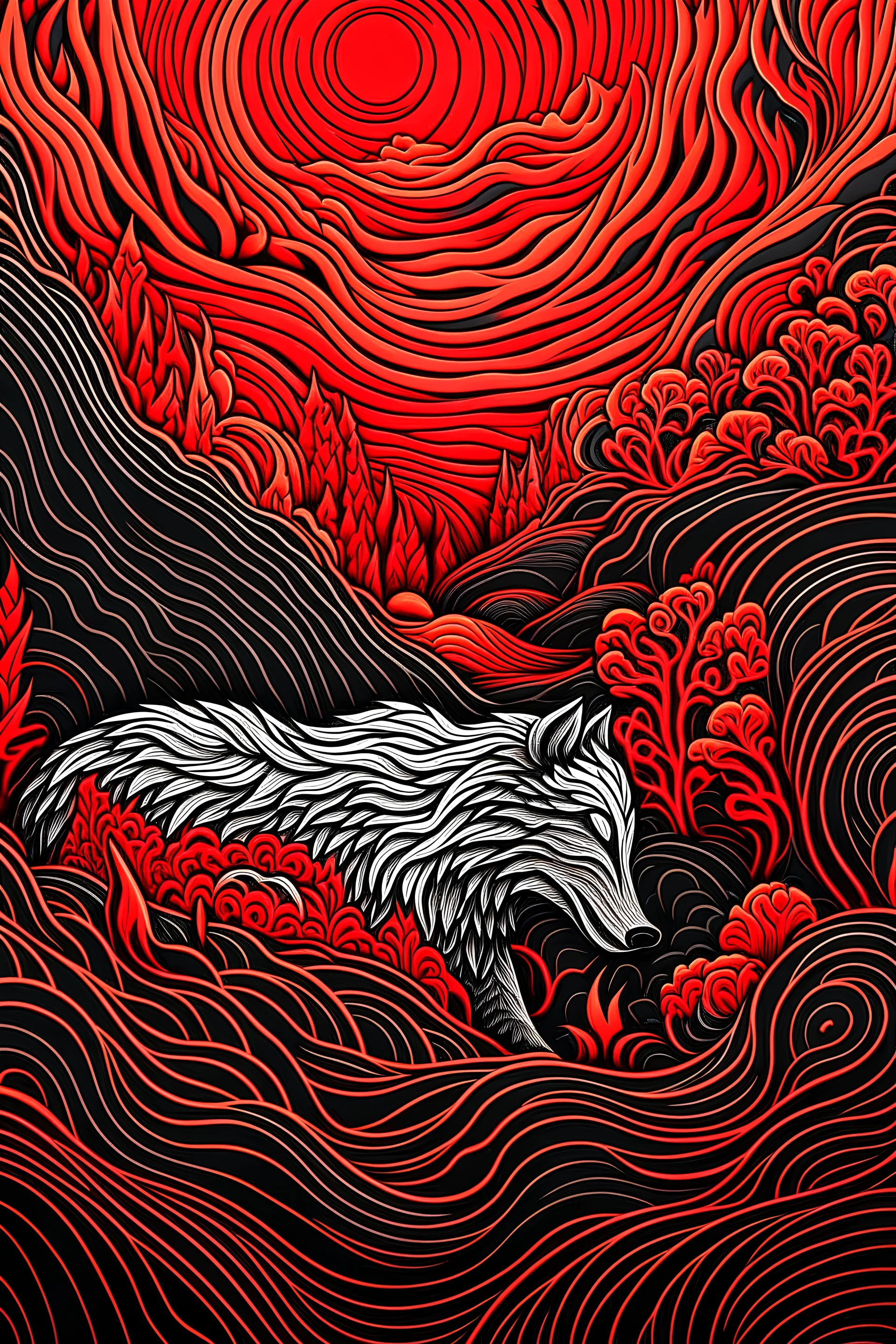 one of our favorite pieces of film art to date, in the style of intricate psychedelic landscapes, dark orange and silver, hyper-realistic animal illustrations, simplistic vector art, anamorphic art, flowing lines, fawncore