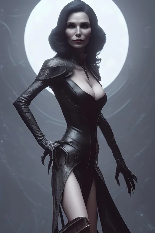 Famke Janssen as evil queen in black leather, busty, cleavage, dominatrix, curvy, angry, stern look. character design by cory loftis, fenghua zhong, ryohei hase, ismail inceoglu and ruan jia. unreal engine 5, artistic lighting, highly detailed, photorealistic, fantasy