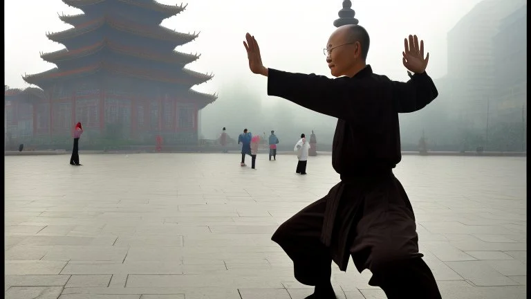 Monk playing tai chi at front of temple mt bu tong in misty morning