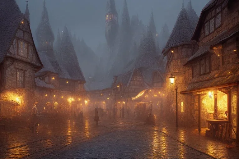 Small medieval Fantasy town, rain, lights, tavern, misty, daytime, cobble streets