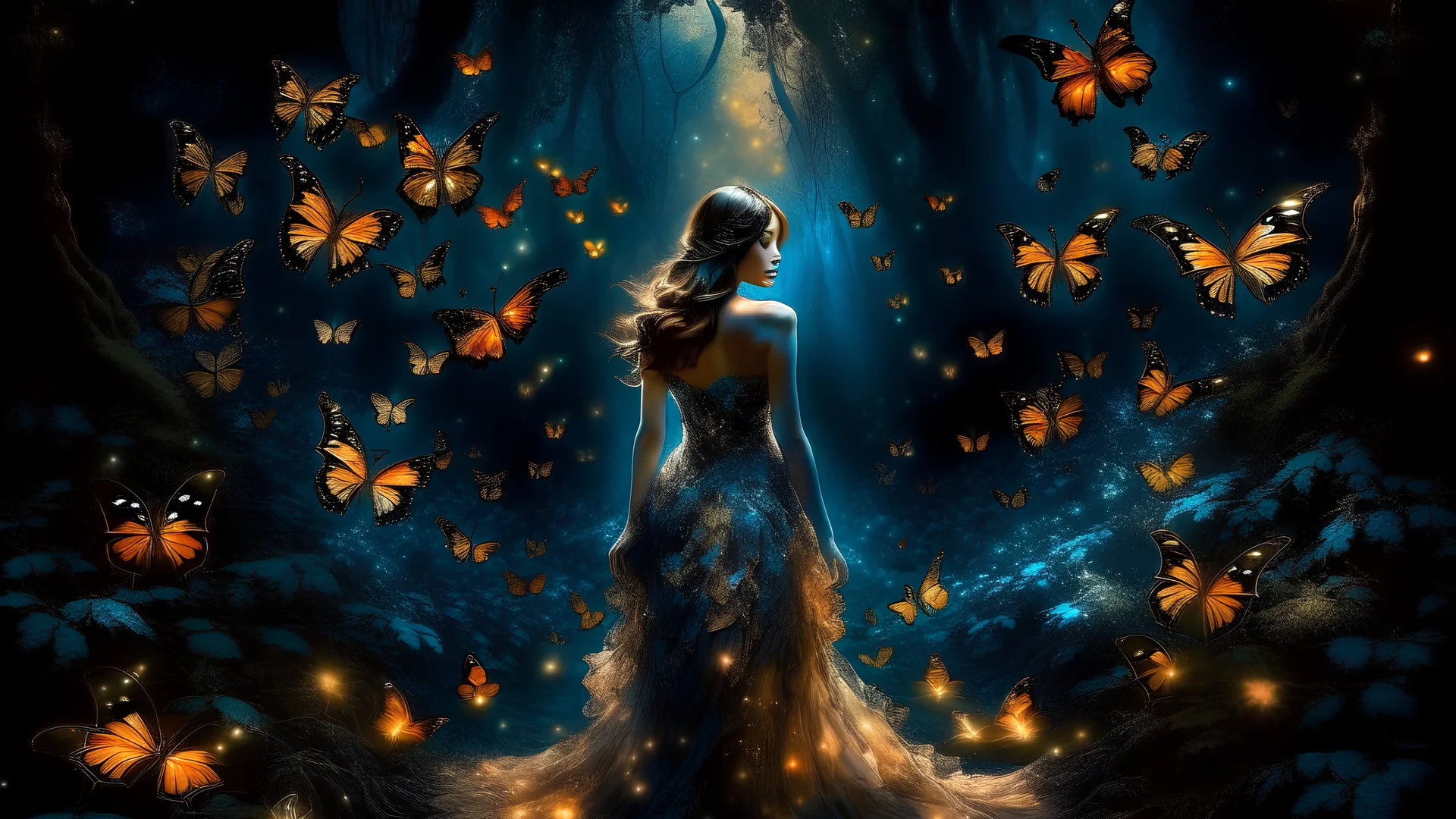 Create an image that represents a woman in the process of metamorphosis. The scene should have a mystical and surreal atmosphere. The woman must have an expression of both fear and amazement as her body transforms into something otherworldly. Her dress should partially transform into butterflies, with vibrant colors spilling into the night air. The background should be a dark forest with moonlight streaming through the trees, casting an ethereal glow on the scene. The transformation process shou