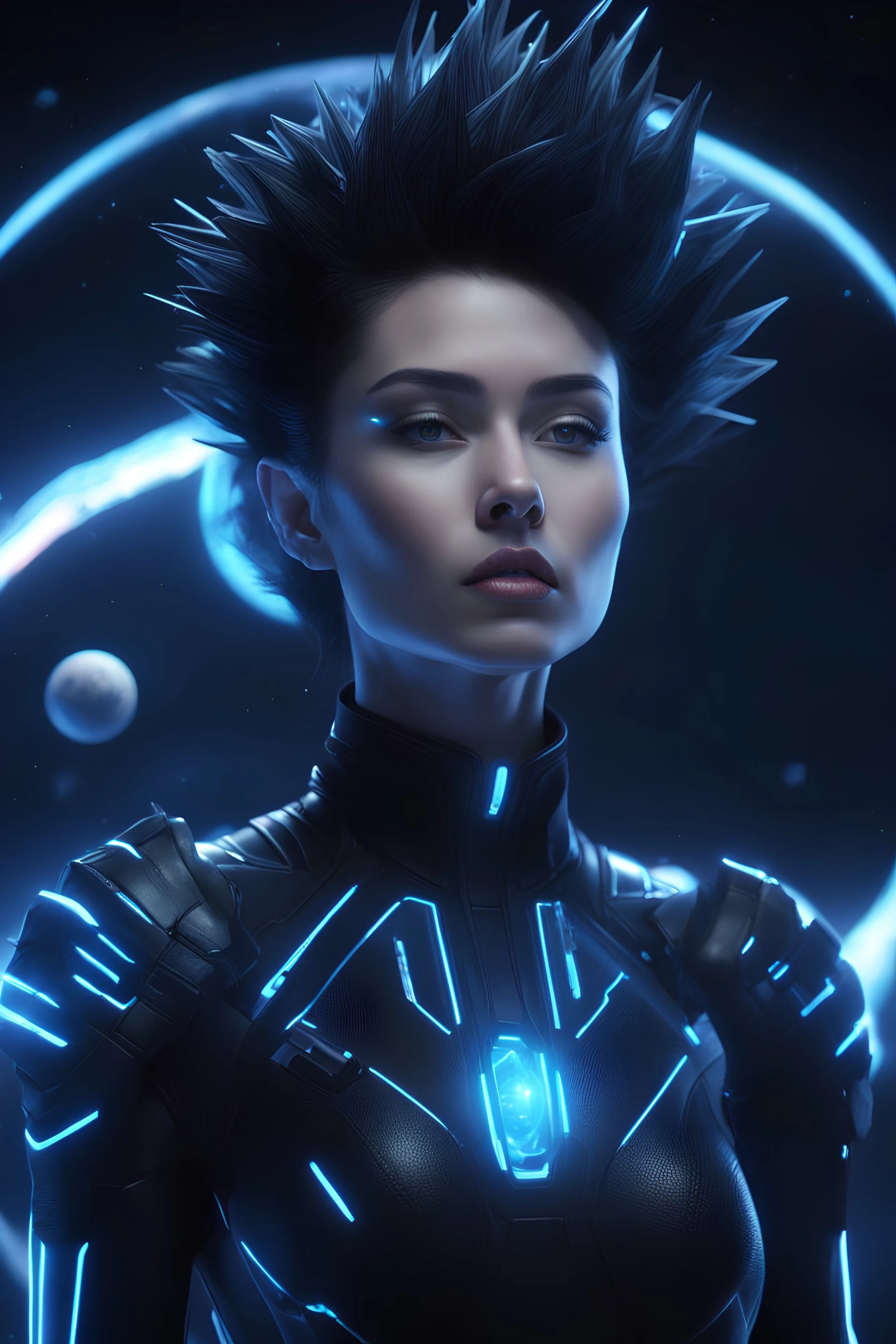 a female with black spiky hair wearing a black tron suit with glowing blue lights, she's floating in space watching earth, 4k, very detailed