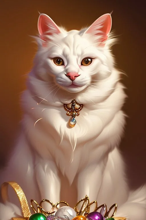 An adorable white smiling cat holding a basket of jewels and gems. His fur is realistic. The background is a romantic carpet bokeh digital painting extremely detailed studio lighting crisp quality and light reflections 8k cinematic lighting portrait photorealistic ultra detailed cinematic postprocessing focused