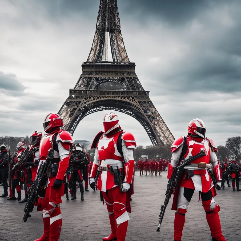 Futuristic soldiers clad in red and white armor stand vigilantly before the iconic Eiffel Tower, a blend of history and fantasy under the Parisian sky. Their masked faces and heavy weaponry create a stark dichotomy with the tranquil backdrop of the city.