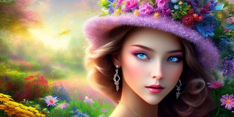 bright fairy, beautiful portrait, flowery landscape