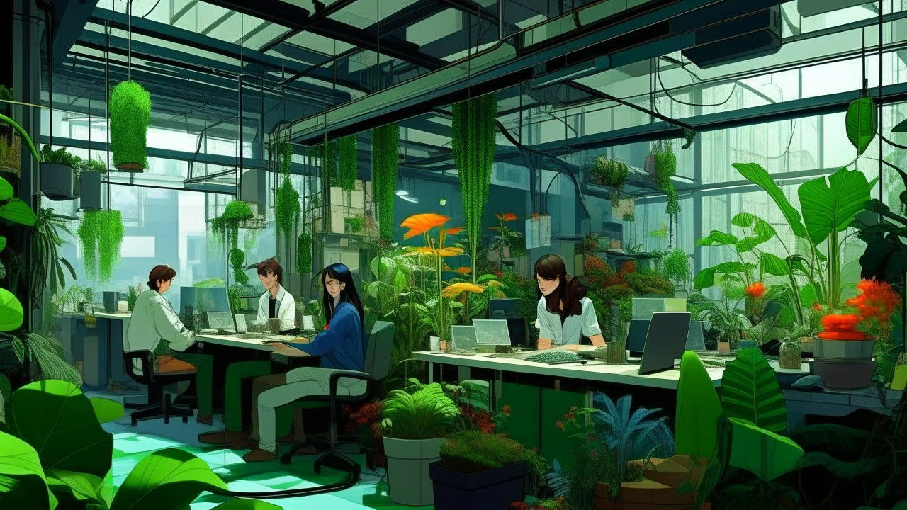 A digital painting by Kuniyoshi and Kandinsky of tech people working inside a futuristic workplace full of plants.