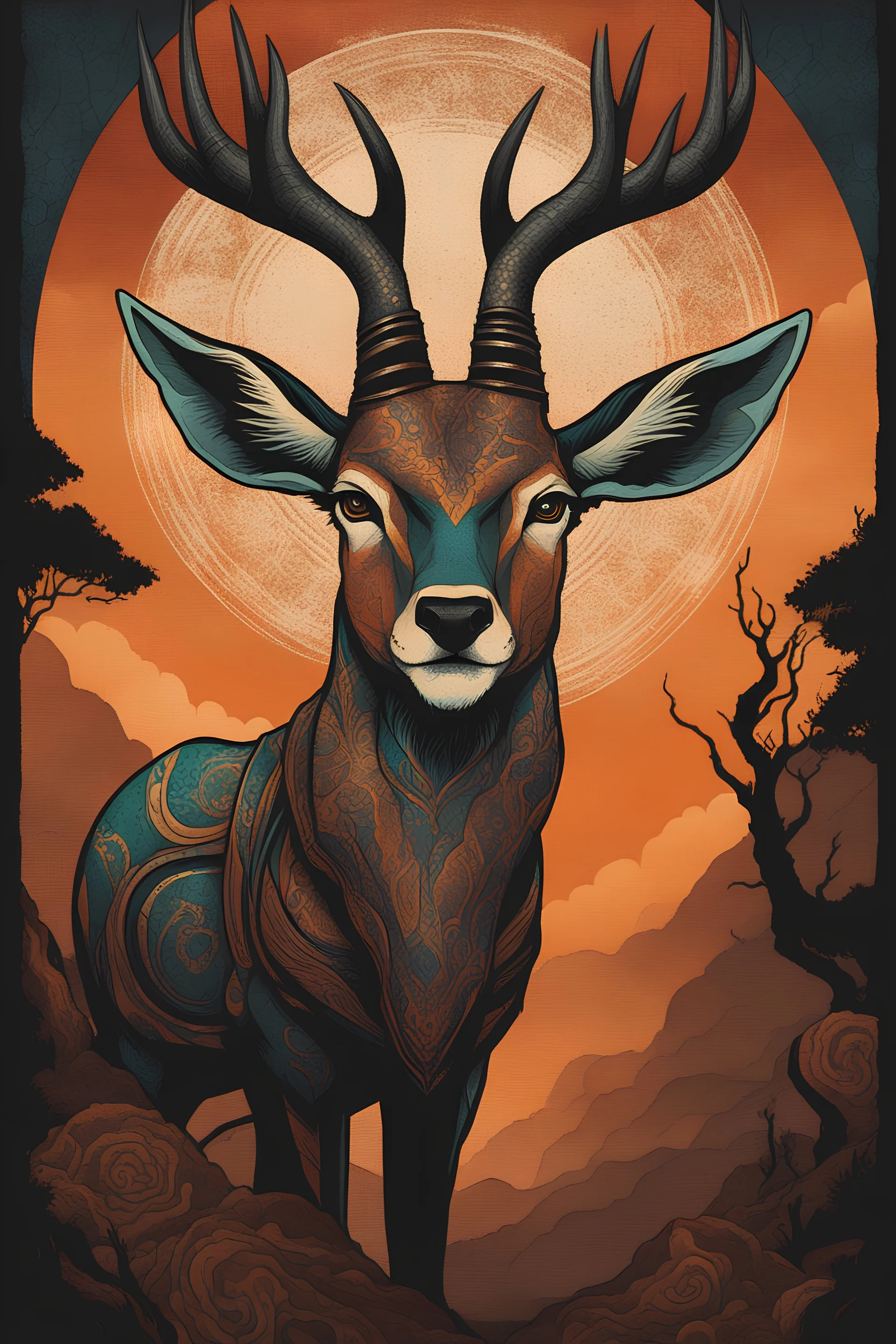 mysterious anime textured ink illustration of a beautiful stunning anthropomorphic impala, rooibok, Aepyceros melampus human hybrid, wearing an oneiric outfit, ominous colored painted rough canvas look stylized textured acrylic art by Ant Lucia Jim Lee Peter Mohrbacher award winning professional portrait atmospheric fantastical dramatic cinematic intense lighting shadows, batik, sgraffito, illustration, acrylic, screen printing, matte finish