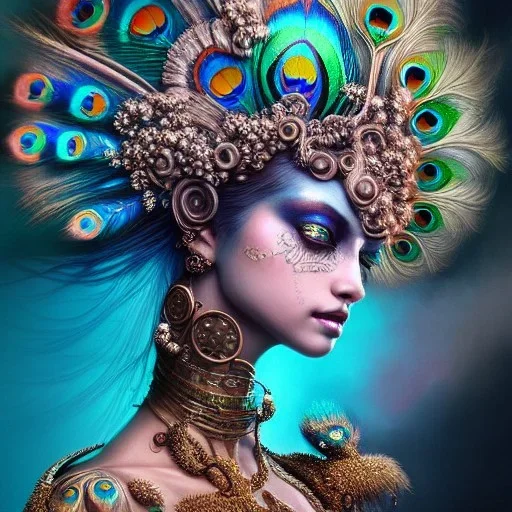 Insanely detailed photograph of an elaborate beautiful peacock goddess intricate glowing skin eyes intricate face hair lashes fur dress hyperdetailed painting by Anna Dittmann Huang Guangjian and Dan Witz CGSociety ZBrush Central fantasy art album cover art 4K 64 megapixels 8K resolution HDR Greek shiny space colours jewelry celestial hair eyes light"