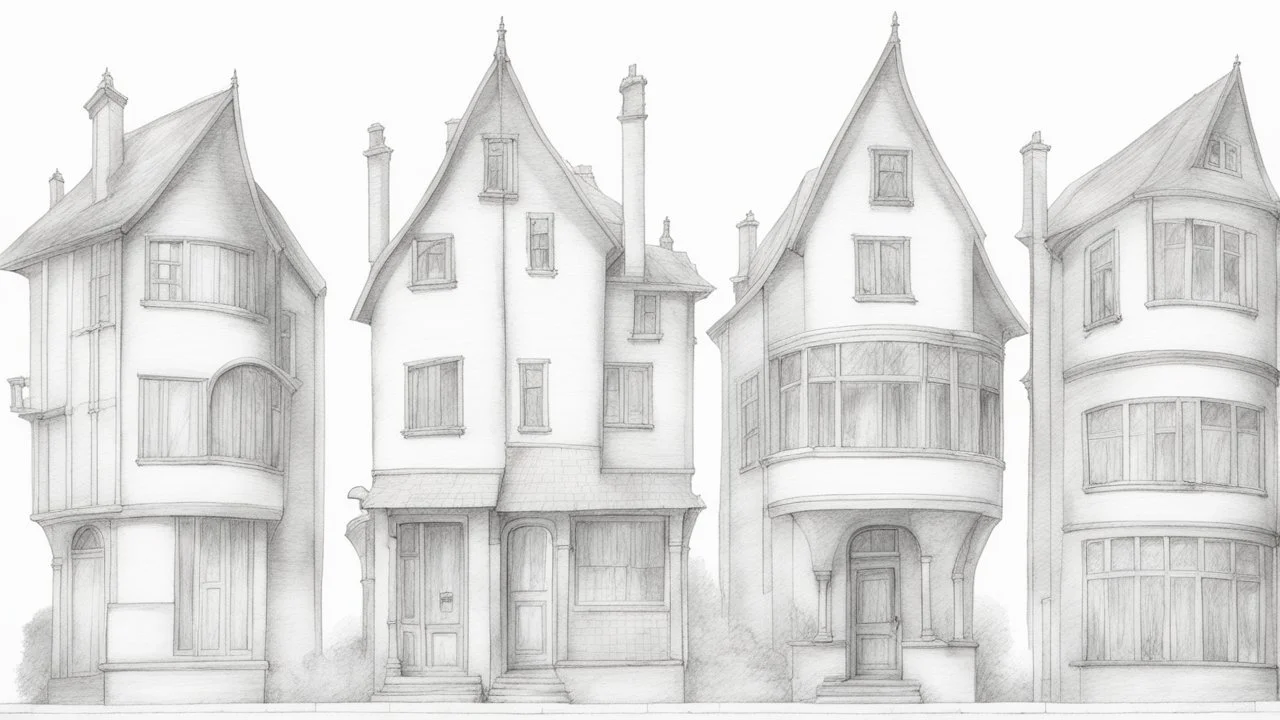 A technical front view pencil drawing of a row of neglected tall, narrow fantasy houses of different heights.