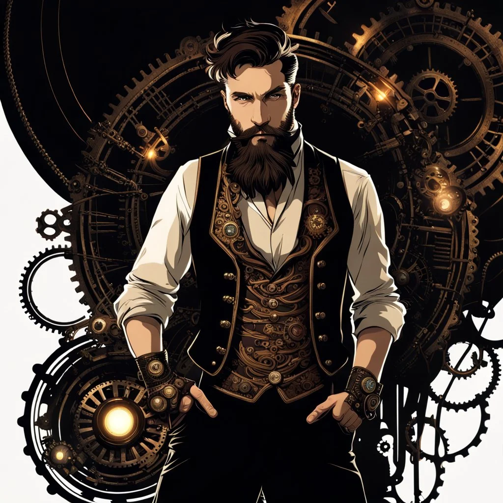 On a black background, in the center, there is a man with a beard wearing Steampunk attire. Behind the person, there is a subtle glow, creating a captivating effect.