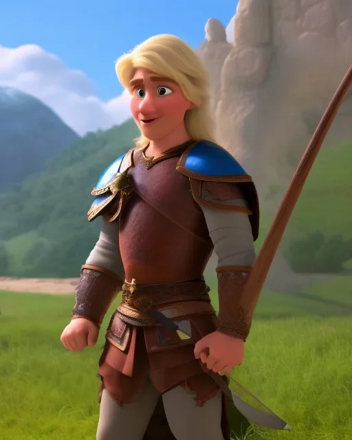 strong medieval warrior with blond short hair, blue eyes and wide warm smile with an axe with green and brown clothes