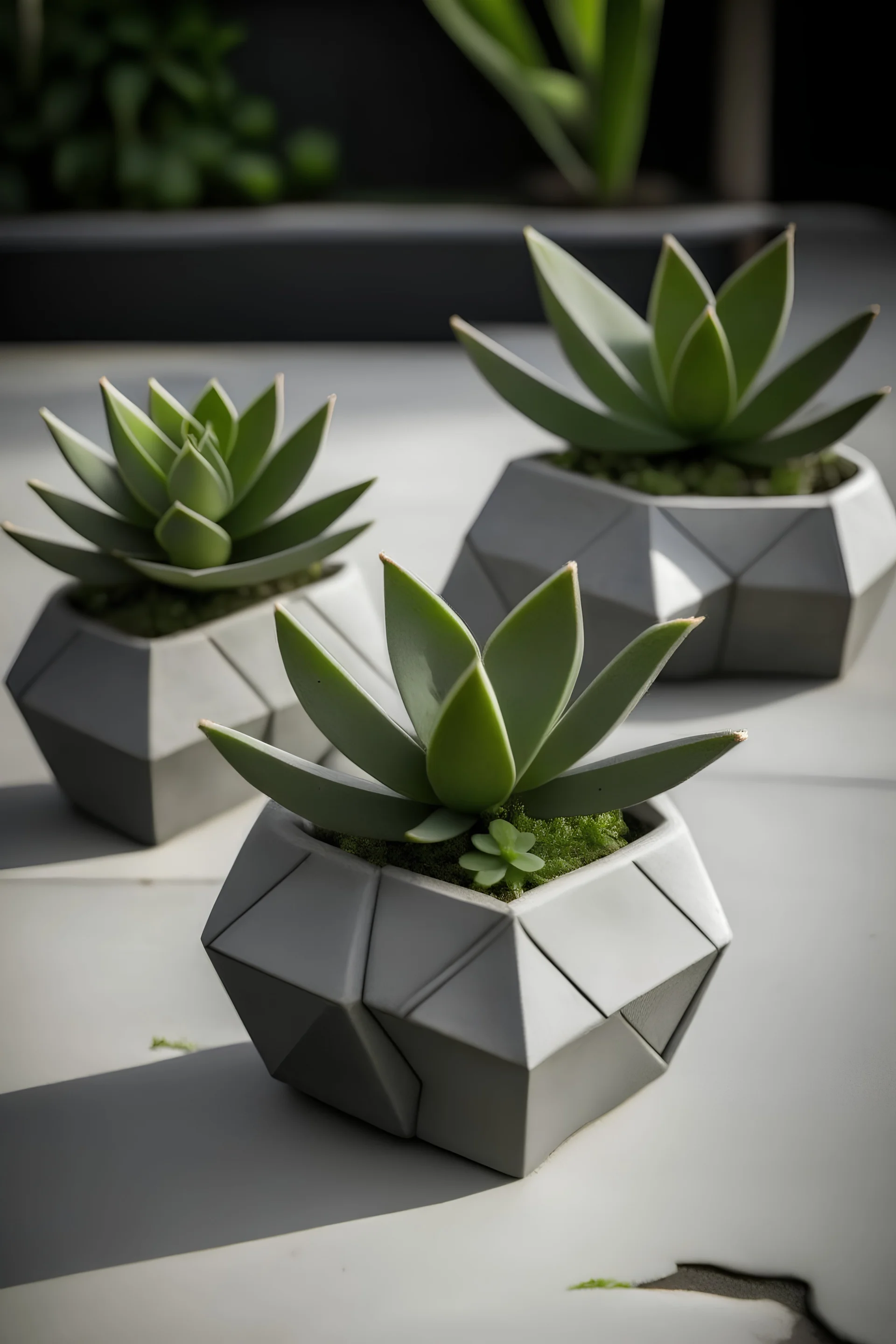 Create an image featuring a set of interconnected mini concrete succulent planters shaped like puzzle pieces, with succulents forming a cohesive design.