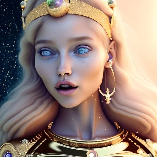 brown eyes, laugh, blonde sophie hennie cute young woman singing at saturns europa moon, golden jewelry, ice cold, winter, magnificent, majestic, highly intricate, incredibly detailed, ultra high resolution, complex 3d render,renaissance painting