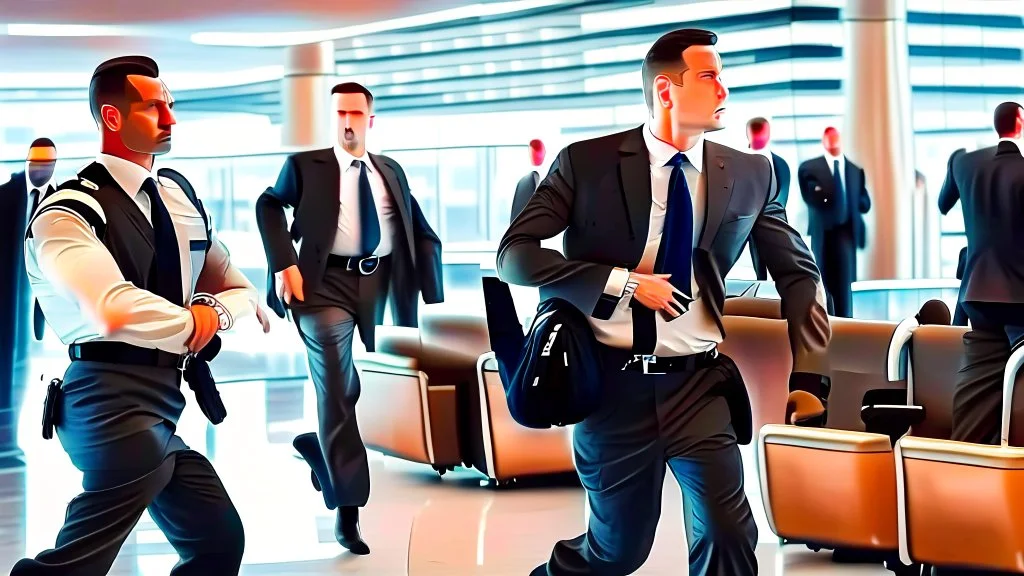 security escorting pouting man away from airport lounge