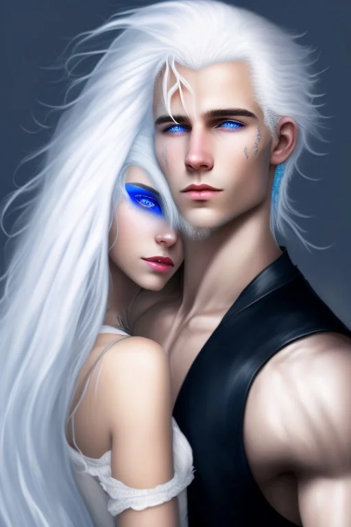 A beautiful young woman with white hair and blue eyes, her arms pinned above her head by a man with very long black hair.