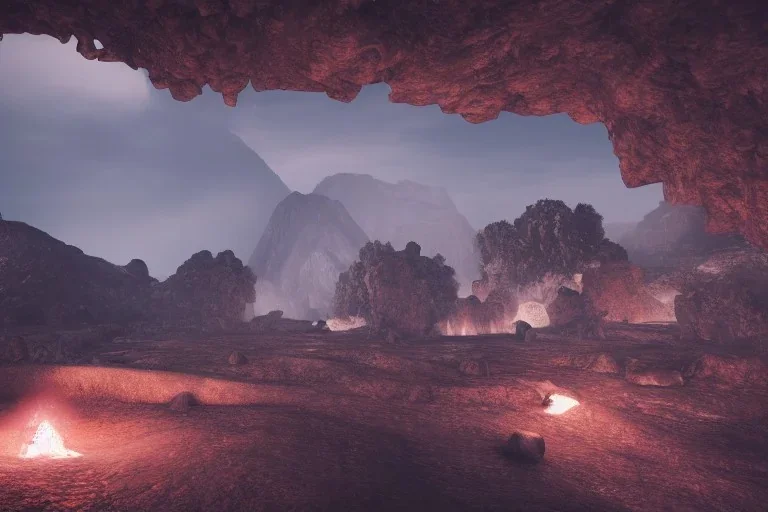 full landscape, ancient city, in cave, volcano, atmospheric, realistic, unreal engine, cinematic lighting, octane render.