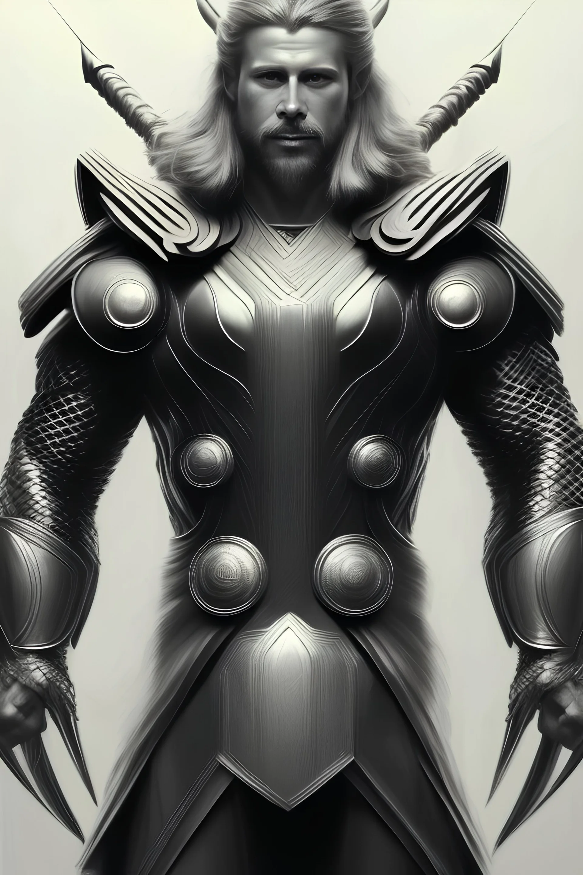 Thor, armour, intricate details, full body portrait, keep head in frame, slight smile, black Japanese motif, concept art, highly detailed, digital painting, concept art, sharp focus, illustration, art by Yoji Shinkawa, WLOP and greg rutkowski and alphonse mucha and artgerm and yanjun Chen and Junji ito and Makoto Shinkai, HDR, octane render