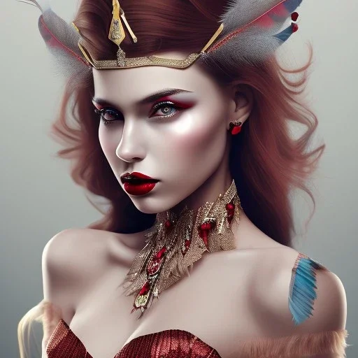 a princess with red lipstick, wearing jewellery and feathers, dramatic, dramatic lighting, volumetric lighting, hyperrealism, 8k, high quality, photorealistic, lot of details