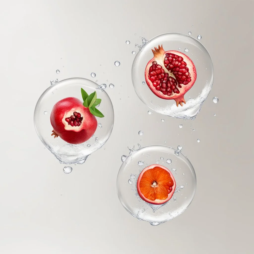 pomegranate in water drops, transparent background