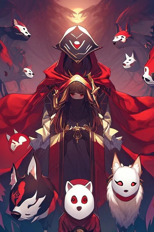 One hooded man, red eyes, wearing a wide cape, wears a fox mask with red customizations, everything is very dark and gloomy