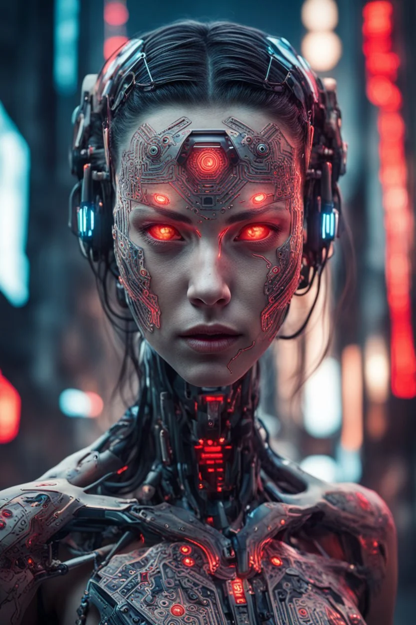 A cybernetic woman with intricate circuitry patterns etched into her skin, her glowing red eyes scanning the streets for any signs of danger.