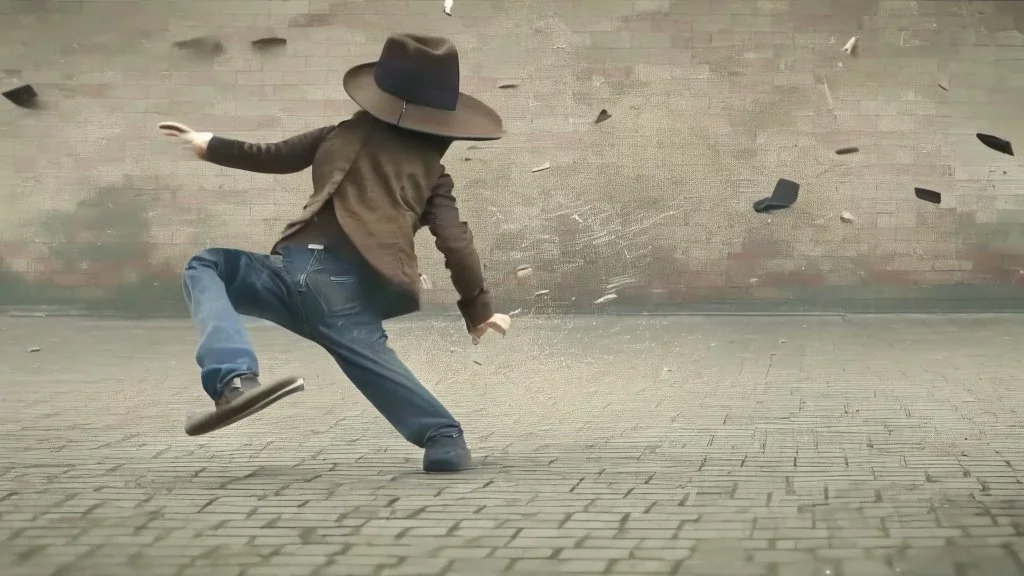 man throws his hat on ground and dances on it