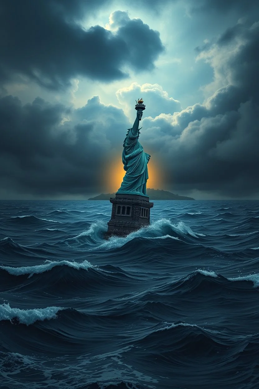 Hyperrealistic illustration of the Statue of Liberty sinking in a vast ocean, with waves gently lapping against it. The sky is dark and stormy, with heavy, ominous clouds swirling above. In the distance, a small island glows softly, surrounded by a faint golden halo, contrasting with the dramatic, turbulent atmosphere. The overall scene should be moody and surreal, with intricate textures on the statue is highlight its grandeur and mystery.