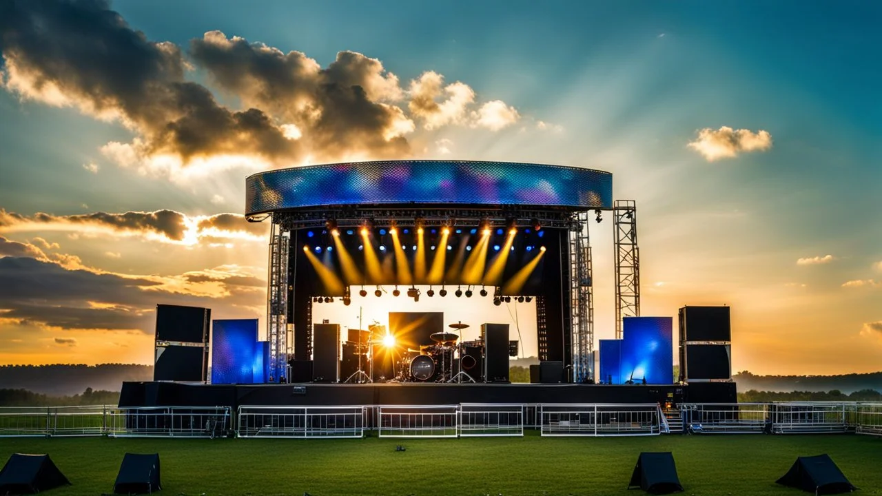 a big open disko stage in country side environment , at distance,blue sky pretty clouds ,sunset ,golden hour,closeup.