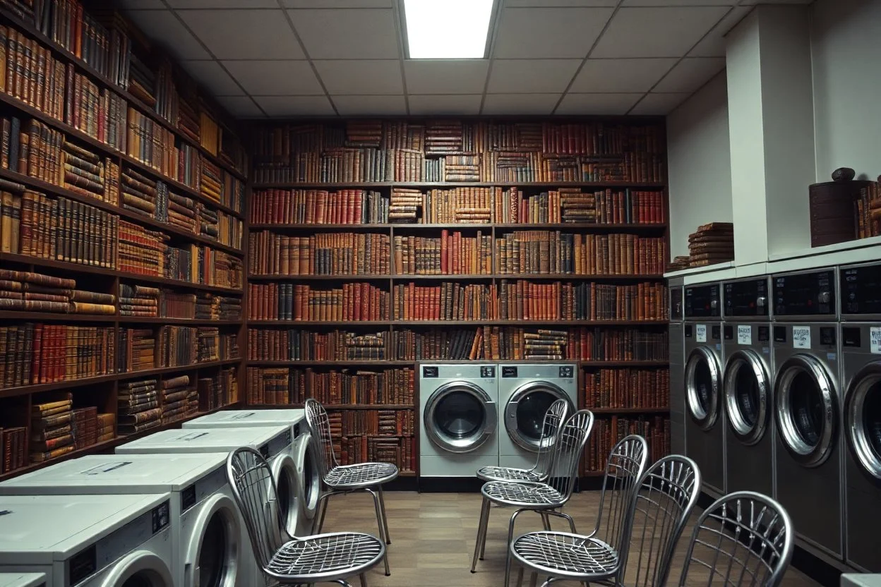 elaborate library on a wall full of leather-bound books in a public laundromat, metal chairs, striking, juxtapositional, fantastical