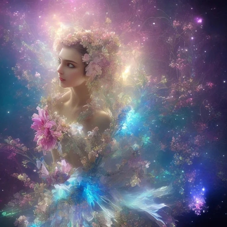 one big crystal subtle flower in a galactic ambiance with a beautiful fairy, transparent petals,