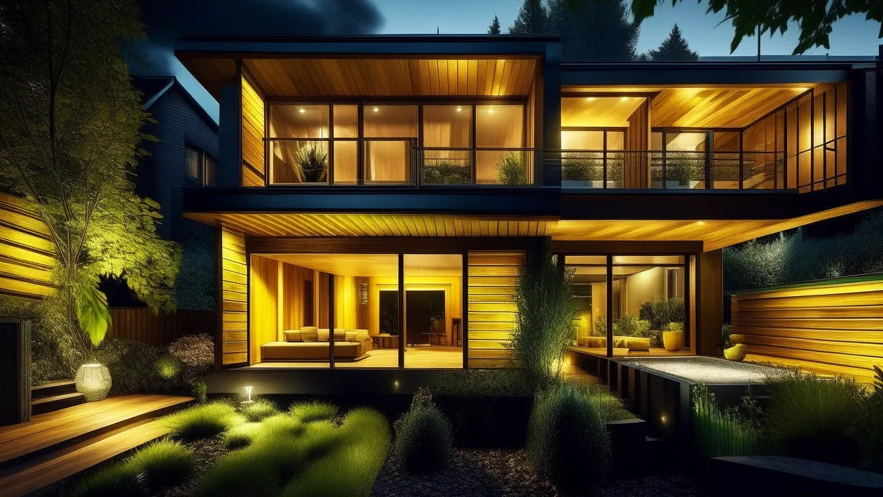 Photo of a modern single-family home at night with wooden and glass exterior finishes, featuring yellow highlights on architectural elements... The house is designed with a mix of rustic and contemporary styles, incorporating natural wood textures and sleek glass panels... The warm interior lights spill out through the large windows, creating a welcoming glow... Garden lights illuminate the exterior, casting intricate shadows from the surrounding plants... A couple is seen walking towards the fr