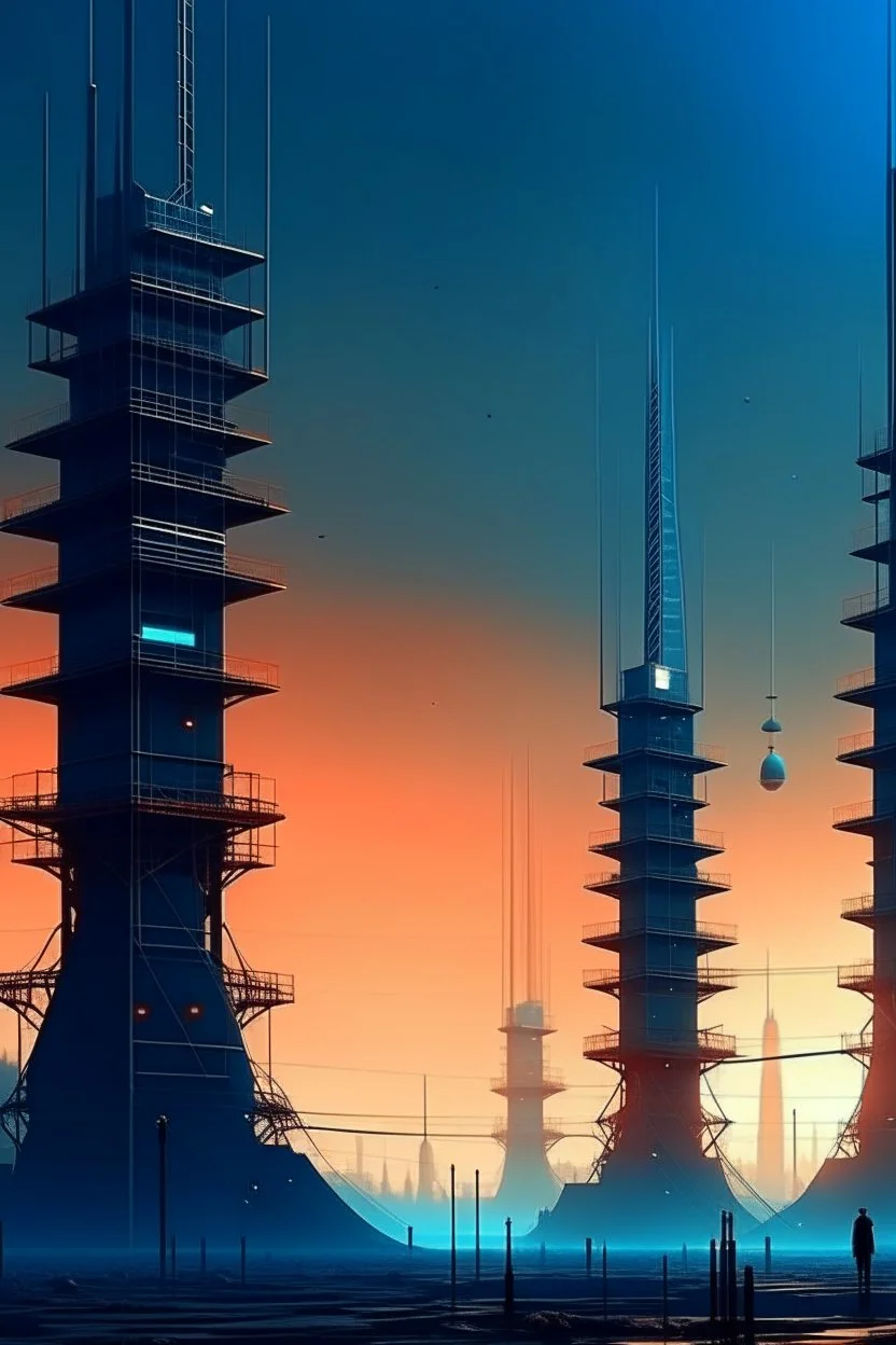 cyberpunk retro futuristic radio communication towers far away