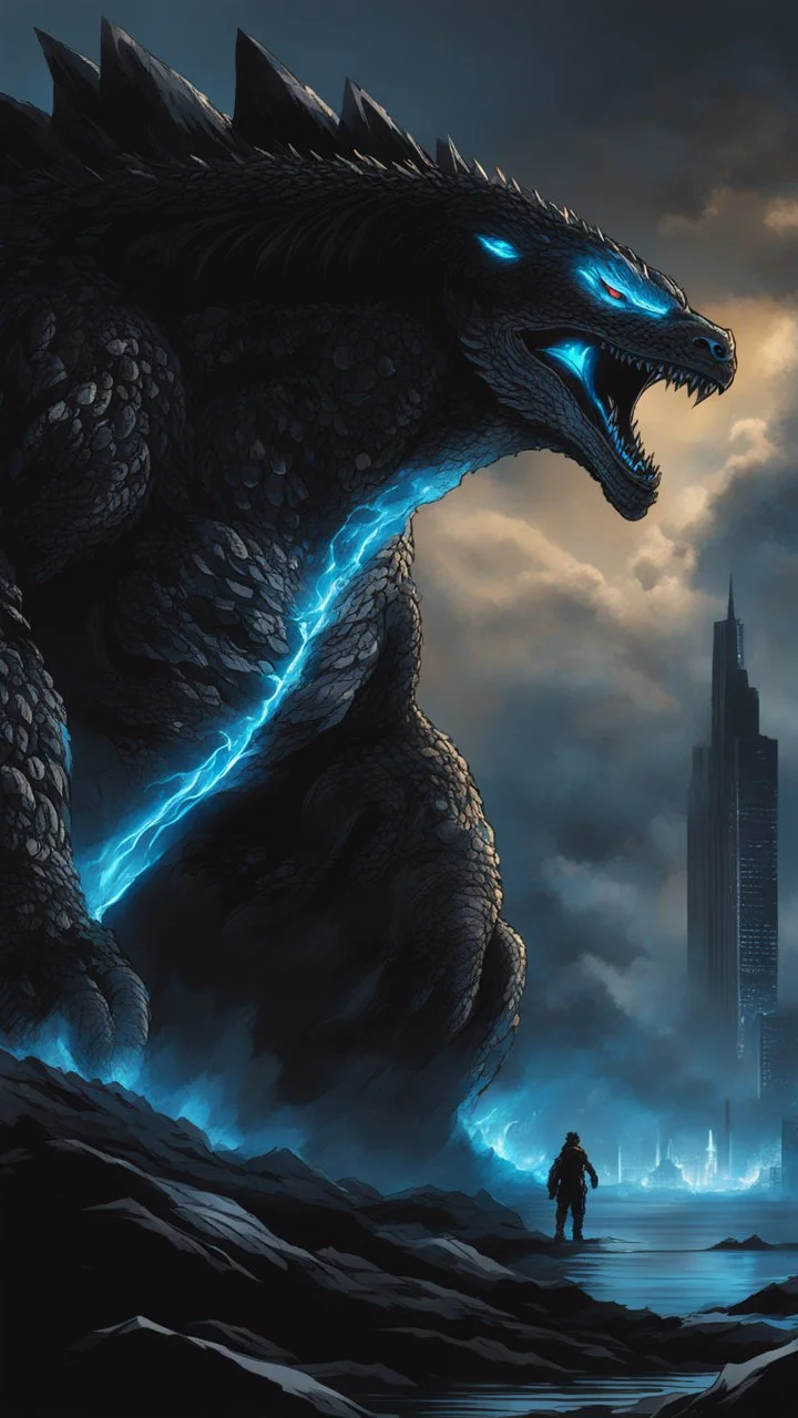 A darkness picture to giant godzilla with blue glowing linings in anime godzilla art style