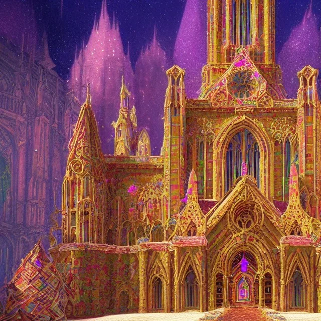 grand cathedral made of gingerbread and vibrant-colored rock candy, 8k resolution, centered, high-quality, ultrafine-detail, ornate, digital art, flickering light, baroque, detailed matte, volumetric lighting, illustration, 3D octane render, brian froud, howard lyon, George Grie, greg rutowski,