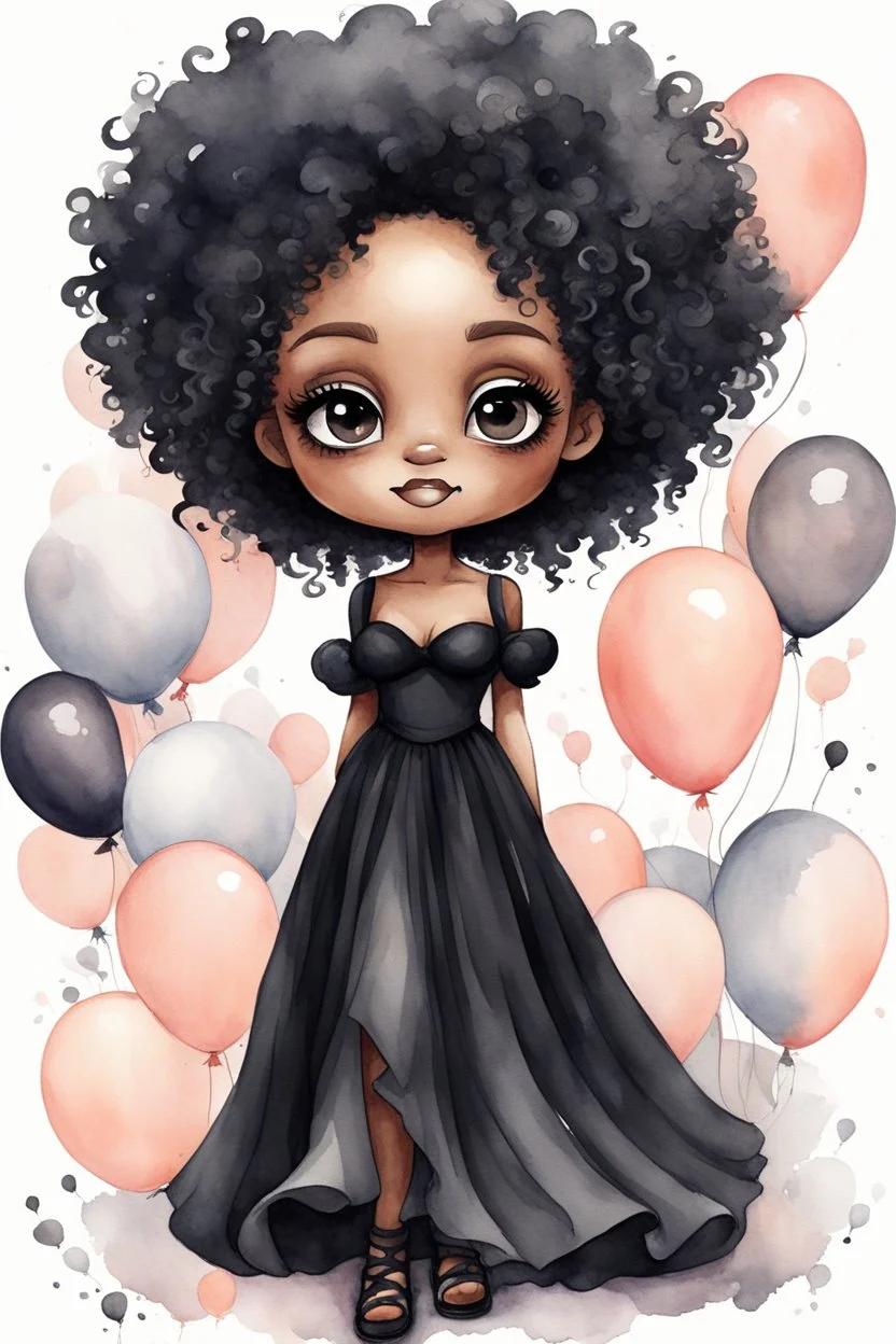 A watercolor fairytale style of a chibi cartoon wearing a black maxi dress and black sandals. Prominent make up with hazel eyes. Highly detailed tight curl afro. Background of white, peach, and gray ballons everywhere.