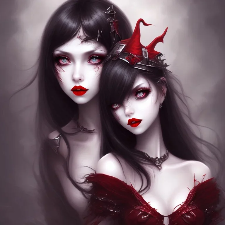 girl, cute, beautiful, white eyes, red lips, black hair with bangs, goth, witch