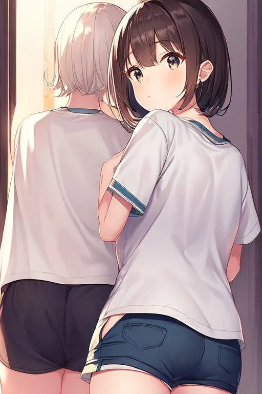 anime waifu wearing short shorts and a pyjama shirt with her back turned