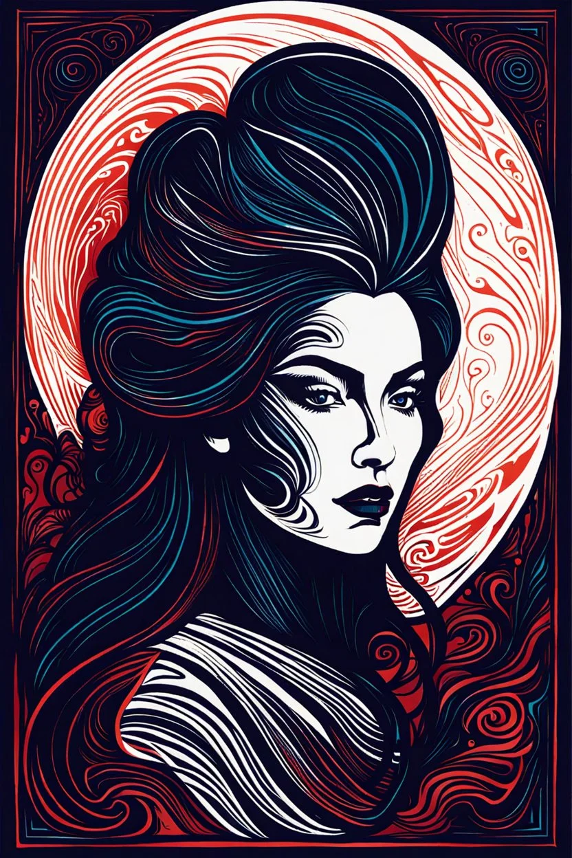 create an imaginative, highly abstract woodcut of an ethereal, otherworldly seductive ancient female Lasombra vampire , in the style of Gabriela Jolowicz